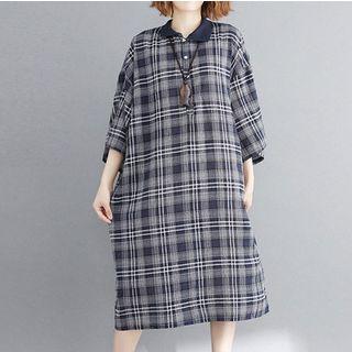 Plaid 3/4-sleeve Midi Collared Dress