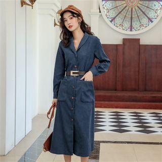 Long-sleeve Open-collar Corduroy A-line Midi Shirtdress