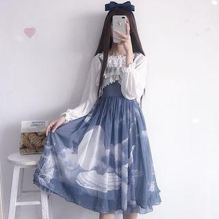 Ruffled Blouse / Wide Strap Printed Chiffon Dress