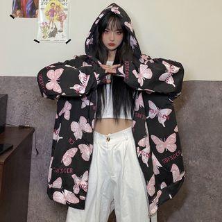 Butterfly Lettering Hooded Zip Sweatshirt