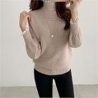 Lace-trim Turtle-neck Rib-knit Top