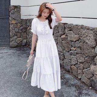 Short-sleeve Frill Trim Tiered A-line Midi Dress