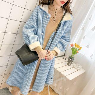 Buttoned Plaid Knit Long Coat