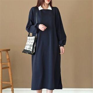 Contrast-collar Long Sweatshirt Dress