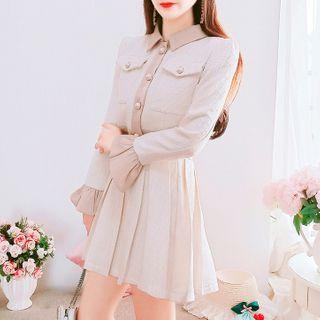 Set: Long-sleeve Faux Pearl Button Tweed Top + High-waist Plain Pleated Skirt