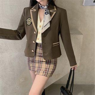 Logo Embellished Single-breasted Blazer / Plaid Mini Pencil Skirt