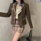 Logo Embellished Single-breasted Blazer / Plaid Mini Pencil Skirt