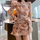One-shoulder Floral Print Sheath Dress