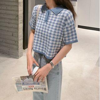 Short-sleeve Gingham Collared T-shirt