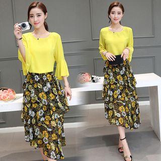 Set: 3/4-sleeve Plain Top + Floral Midi Skirt