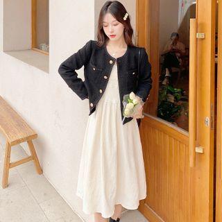 Tweed Jacket / Spaghetti Strap Lace Trim A-line Midi Dress