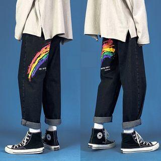 Rainbow Print Straight-cut Cropped Jeans