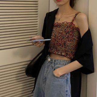 Short-sleeve Plain Blazer / Flower Print Cropped Camisole Top