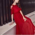 Elbow-sleeve Frill-trim Maxi A-line Dress