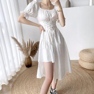 Puff Sleeve Square Neck Asymmetrical Corset A-line Dress