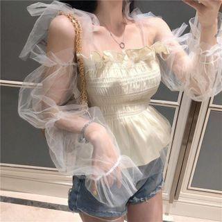 Mock Two-piece Mesh Panel Blouse Almond - One Size