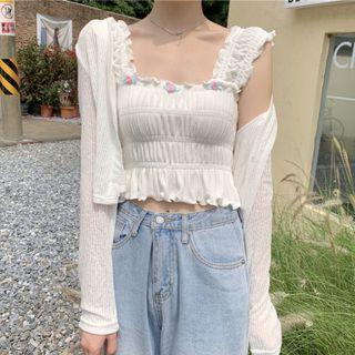 Plain Long-sleeve Cardigan / Ruched Trim Camisole Top