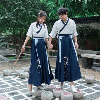 Couple Matching Set: Elbow-sleeve Hanfu Top + A-line Midi Skirt