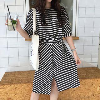 Lettering Striped Elbow Sleeve Midi T-shirt Dress