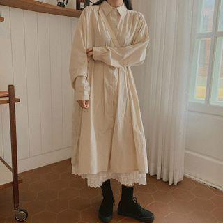 Long-sleeve Plain Midi Shirtdress / Lace Midi Skirt