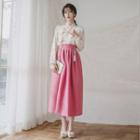 Set: Hanbok Top (floral / Pink) + Skirt (maxi / Purple)