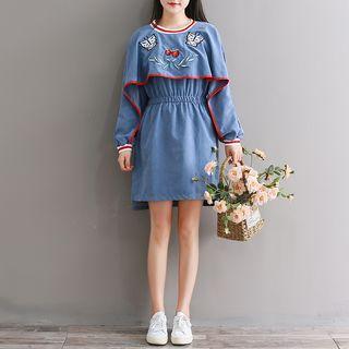 Embroidered Contrast-trim Long-sleeve A-line Dress