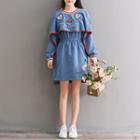 Embroidered Contrast-trim Long-sleeve A-line Dress