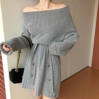 Off-shoulder Tie-front Mini Knit Dress