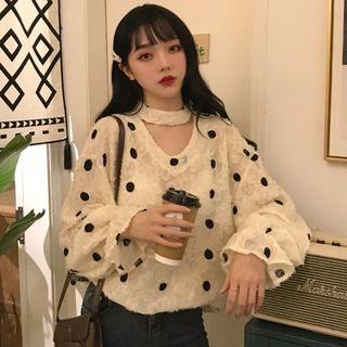 Bell-sleeve Dotted Lace Top Almond - One Size