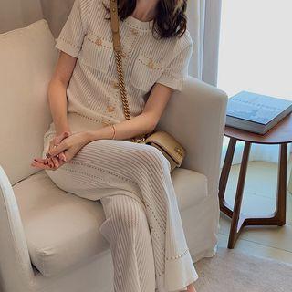 Contrast Stitching Pocket Detail Short-sleeve Knit Top / Cropped Wide-leg Pants / Set