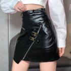 Asymmetrical Zip Faux Leather A-line Skirt