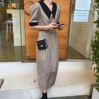 Collared Short-sleeve Houndstooth Midi A-line Dress As Shown In Figure - One Size