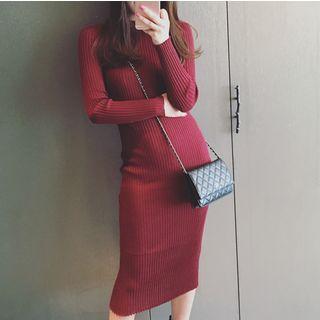 Mock Neck Long-sleeve Midi Sheath Knit Dress