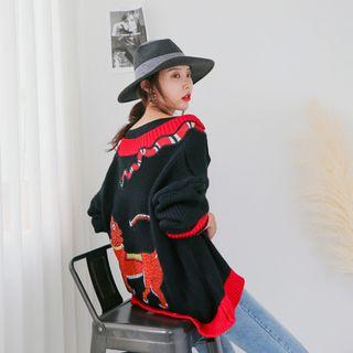 Contrast-trim Animal-embroidered Cardigan