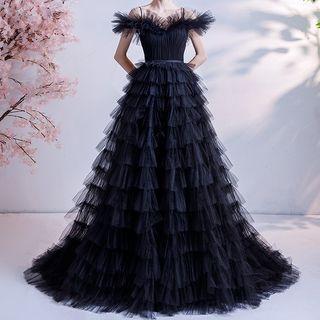 Cold-shoulder Ruffled Evening Ball Gown