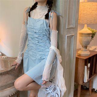 Plain Mock-neck Sheer Top / Shirred Sleeveless Dress