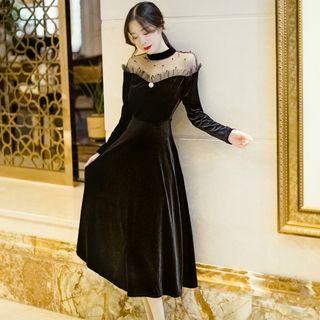Mesh Panel Velvet A-line Midi Dress