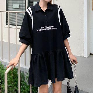 Puff-sleeve Collared Lettering Mini A-line Dress