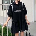Puff-sleeve Collared Lettering Mini A-line Dress