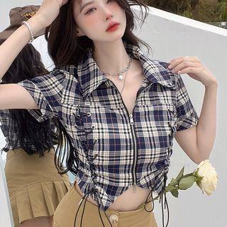 Short-sleeve Lace-up Plaid Zip Crop Shirt