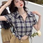 Short-sleeve Lace-up Plaid Zip Crop Shirt