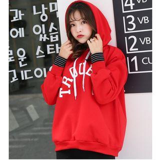 Striped Panel Lettering Hoodie Red - One Size