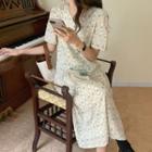 Short-sleeve Patterned V-neck Midi Shirt Dress Almond - One Size