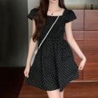 Short Sleeve Square Neck Dotted Mini Dress Black - One Size