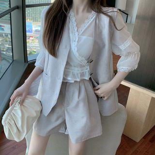 Single-breasted Vest / High-waist Shorts / Lace Trim 3/4-sleeve Top / Set