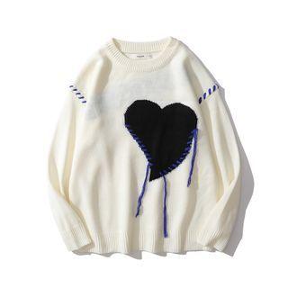 Heart Print Contrast Stitch Sweater
