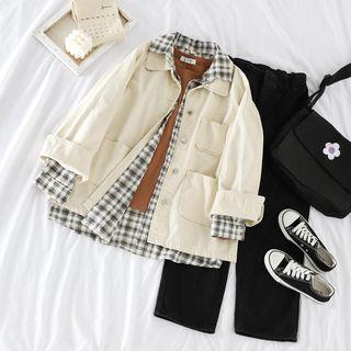 Long-sleeve Plain Denim Jacket / Plaid Shirt / Long-sleeve Plain T-shirt / High-waist Plain Pants