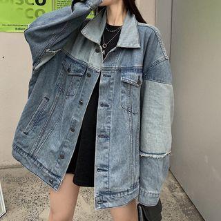 Color-block Single-breasted Long-sleeve Denim Jacket Blue - One Size