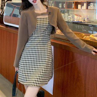 Cropped Blazer / Spaghetti-strap Gingham Mini A-line Dress