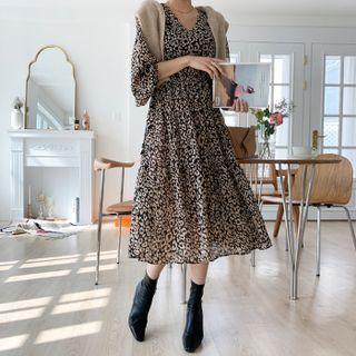 Tie-side Leopard Long Tiered Dress